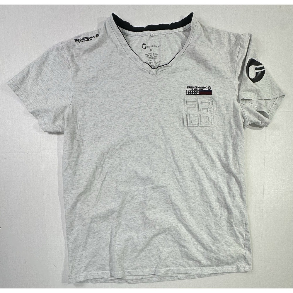 Fried Denim NYC Gray V-Neck T-Shirt XL Embroidered Logo Short Sleeve